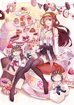  absurdres ahoge biscuit black_hair boots brown_eyes brown_hair cake cookie cup doughnut food glasses hairband haruna_(kantai_collection) hiei_(kantai_collection) highres japanese_clothes kantai_collection kirishima_(kantai_collection) kongou_(kantai_collection) long_hair macaron multiple_girls nontraditional_miko one_eye_closed open_mouth purple_eyes short_hair skirt smile sugar_cube teacup teapot thigh_boots thighhighs tiered_tray xinghuo zettai_ryouiki 