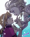  anna_(frozen) asura_(chowollee) bad_id bad_pixiv_id blonde_hair braid elsa_(frozen) eye_contact floating frozen_(disney) holding_hands imminent_kiss incest interlocked_fingers looking_at_another multiple_girls orange_hair siblings single_braid sisters tears twin_braids upper_body yuri 
