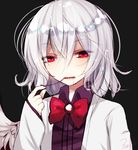  black_background blood blood_in_mouth bow bowtie dress fua_yuu holding_needle kishin_sagume long_sleeves looking_at_viewer needle purple_dress red_eyes sewing sewing_needle short_hair signature silver_hair simple_background single_wing solo touhou upper_body vest wings 