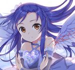  arm_garter bad_id bad_pixiv_id bangs bare_shoulders blood blue_hair blue_ribbon bow brown_eyes chobi_(penguin_paradise) closed_mouth detached_sleeves feathered_wings flat_chest floating_hair flower frills hair_ornament heart hexagon idolmaster idolmaster_(classic) kisaragi_chihaya long_hair looking_at_viewer ribbon scratches solo white_flower white_wings wings 