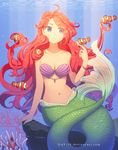  1girl ariel_(disney) blue_eyes bracelet breasts cleavage clownfish collarbone coral dav-19 disney fins fish jewelry mermaid navel petting red_hair rock scales shell_bikini sitting smile solo stomach sunlight the_little_mermaid underwater 