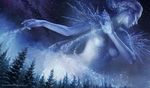  blue breasts closed_eyes depingo fir_tree forest hair_ornament ice medium_breasts monochrome nature night night_sky original parted_lips sky sleeveless snowflakes snowing solo star_(sky) starry_sky tree watermark web_address winter 