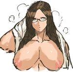  1girl areolae bangs blunt_bangs breasts glasses glasses_girl_(nameo) green_eyes highres huge_breasts large_areolae long_hair nameo_(judgemasterkou) original ringed_eyes sagging_breasts semi-rimless_glasses simple_background solo towel under-rim_glasses upper_body very_long_hair wet white_background 