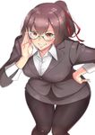  adjusting_eyewear bespectacled bifidus blouse breasts brown_eyes brown_hair commentary_request formal glasses grin hand_on_hip ise_(kantai_collection) jacket kantai_collection large_breasts leaning_forward pantyhose pencil_skirt ponytail skirt skirt_suit sleeve_cuffs smile solo suit 