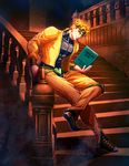  abs blonde_hair blurry book c-7_(assate) crossed_legs depth_of_field dio_brando earrings headband holding holding_book jacket jewelry jojo_no_kimyou_na_bouken knee_pads male_focus pointy_shoes red_eyes shoes sitting_on_railing solo stairs 