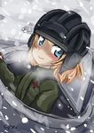  blonde_hair blue_eyes cyber_(cyber_knight) girls_und_panzer helmet katyusha military military_uniform military_vehicle pravda_military_uniform short_hair solo uniform 