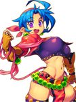  abs blue_hair breasts gloves large_breasts metata open_mouth pointy_ears purple_eyes short_hair simple_background smile solo 