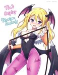 animal_print bare_shoulders bat_print blonde_hair blush breasts bridal_gauntlets cleavage cosplay demon_girl demon_wings head_wings large_breasts leotard long_hair looking_at_viewer mauve morrigan_aensland morrigan_aensland_(cosplay) open_mouth pantyhose pointy_ears potion_maker print_legwear purple_eyes purple_wings simple_background solo tia_(potion_maker) twintails vampire_(game) whip white_background wings 