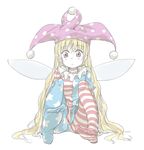  american_flag_dress american_flag_legwear blonde_hair clownpiece fairy_wings feet full_body hat highres jester_cap long_hair looking_at_viewer nibi pantyhose pink_eyes simple_background sitting solo striped striped_legwear touhou very_long_hair white_background wings 