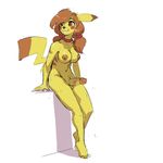  2014 anthro areola balls breasts brown_eyes brown_hair brown_nipples dickgirl erection fur futa&#039;chu hair humanoid_penis intersex kevinsano nintendo nipples nude penis pikachu pok&eacute;mon simple_background sitting smile solo vein video_games white_background yellow_fur 