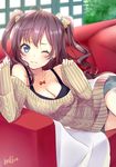  ;3 belldot blue_eyes blush bow breasts brown_hair cleavage couch earrings hair_bow ichinose_shiki idolmaster idolmaster_cinderella_girls jewelry large_breasts long_hair long_sleeves looking_at_viewer lying necklace on_side one_eye_closed short_shorts shorts smile solo sweat 