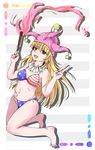  american_flag_panties blonde_hair bra breasts clownpiece eyes_visible_through_hair grey_background hat highres hiyashi_mikan jester_cap legs long_hair looking_at_viewer navel open_mouth pointy_ears print_bra red_eyes small_breasts solo stomach striped striped_background teeth thighs toes tongue torch touhou underwear v very_long_hair 