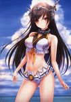  absurdres adapted_costume bare_shoulders beach bikini bikini_skirt black_hair contrapposto day goto_p hairband headgear highres kantai_collection long_hair looking_at_viewer nagato_(kantai_collection) navel outdoors red_eyes scan solo standing swimsuit very_long_hair 