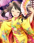  artist_request black_hair closed_eyes fan folding_fan hair_ornament idolmaster idolmaster_cinderella_girls japanese_clothes jpeg_artifacts kimono nakano_yuka official_art solo sparkle twintails yellow_kimono yukata 