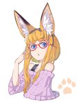  adjusting_eyewear animal_ear_fluff animal_ears blonde_hair blue_eyes chestnut_mouth fox_ears fox_girl_(jaco) glasses highres jaco long_hair off-shoulder_sweater original red-framed_eyewear short_hair_with_long_locks sidelocks solo sweater upper_body 