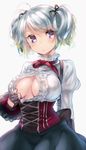  blue_eyes blue_hair breasts ciel_alencon cleavage corset god_eater god_eater_2:_rage_burst highres large_breasts naso4 no_bra open_clothes open_shirt parted_lips shirt simple_background solo underbust white_background 