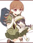  :d age_difference anchor_symbol bag black_hair brown_hair carrying closed_mouth fud hat highres holding_hands kantai_collection kitakami_(kantai_collection) long_hair multiple_girls ooi_(kantai_collection) open_mouth pleated_skirt school_bag school_uniform serafuku short_sleeves shorts skirt smile younger 