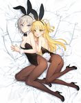  anastasia_(idolmaster) animal_ears ass bare_shoulders bed_sheet black_legwear blonde_hair blue_eyes bow bowtie breasts bunny_ears bunny_tail bunnysuit cleavage detached_collar fake_animal_ears green_eyes hair_ornament high_heels idolmaster idolmaster_cinderella_girls jougasaki_rika leotard long_hair looking_at_viewer lying medium_breasts multiple_girls on_side ooyari_ashito open_mouth pantyhose pillow short_hair side-tie_leotard smile tail two_side_up wrist_cuffs 