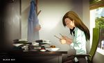  blurry broken_chopsticks brown_hair chair chopsticks closers depth_of_field food from_side kim_yujeong long_hair noodles pantyhose paper ress robe sauce sitting sleeves_rolled_up solo sunlight table tree 