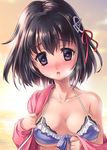  bikini black_hair blush breasts haguro_(kantai_collection) hair_ornament heart heart-shaped_pupils kantai_collection kuzuryuu_kennosuke looking_at_viewer medium_breasts short_hair solo swimsuit symbol-shaped_pupils 