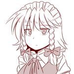  amazon_(taitaitaira) braid face izayoi_sakuya maid maid_headdress monochrome solo touhou unamused 