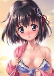  bikini black_hair blush breasts haguro_(kantai_collection) hair_ornament heart kantai_collection kuzuryuu_kennosuke looking_at_viewer medium_breasts short_hair solo swimsuit 