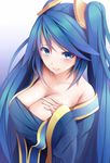  bare_shoulders blue_eyes blue_hair breasts cleavage collarbone hair_ornament hand_on_own_chest kiseno large_breasts league_of_legends off_shoulder smile solo sona_buvelle twintails upper_body wide_sleeves 