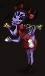  anthro arachnid arthropod beverage black_eyes black_hair clothing doughnut dress english_text fangs female food grey_skin hair hair_bow jug money muffet multi_limb multiple_eyes noseless open_mouth plate sign smile solo spider tea tea_cup tea_pot text undertale zambiie 