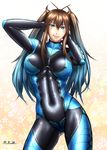  antenna_hair blue_eyes blue_hair bodysuit borrowed_character breasts brown_hair character_request contrapposto covered_nipples cowboy_shot gradient_hair hair_between_eyes highres large_breasts long_hair multicolored_hair original smile solo standing taikyokuturugi twintails 