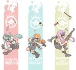  bike_shorts blood bloody_weapon commentary domino_mask emblem fangs fingerless_gloves glock gloves green_hair gun handgun holding inkling jarv knife long_hair mad_max mad_max:_fury_road mask mechanical_arm multiple_girls orange_hair pistol pointy_ears purple_hair rifle shell_casing shirt sks splatoon_(series) splatoon_1 squid t-shirt tank_top tentacle_hair weapon wrench 