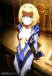  2015 absurdres aqua_eyes arm_support bangs blonde_hair blush bob_cut bodysuit bracer breasts capelet center_opening cleavage company_name copyright_name counter cowboy_shot eyelashes from_above gloves hair_intakes hairband heavy_object highres indoors looking_at_viewer looking_up megami milinda_brantini navel obuchi_yousuke official_art open_clothes parted_lips scan shadow short_hair small_breasts solo unzipped watermark 