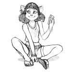  2018 4_fingers amneris anthro black_and_white black_hair bracelet cat cellphone clothing crown disney ear_piercing feline female flip_flops hair jewelry ked looking_up mammal midriff monochrome necklace phone piercing shirt shorts simple_background sitting smile solo tank_top tiara white_background 
