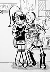  black_and_white bone clothing drcrygor duo_focus english_text eye_patch eyewear fish group hair looking_at_viewer machine marine mettaton monochrome monster papyrus_(undertale) pose robot shirt skeleton smile standing text undertale undyne v_sign 
