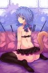  ass back bare_arms black_legwear blue_eyes blue_hair bow bra choker clock dead_line expressionless highres izayoi_sakuya looking_at_viewer looking_back maid_headdress microskirt no_panties revision sitting skirt solo tail thighhighs touhou underwear wariza 