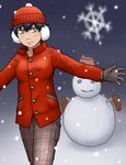  beanie black_hair blue_eyes breasts coat earmuffs hat highres joe_doudou makoto_(street_fighter) medium_breasts pants plaid short_hair snowman solo street_fighter tomboy winter winter_clothes winter_coat 