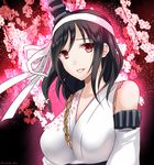  black_hair breasts cherry_blossoms detached_sleeves eko hair_ornament headband kantai_collection large_breasts light_smile looking_at_viewer nontraditional_miko parted_lips red_eyes short_hair solo tree_branch twitter_username upper_body yamashiro_(kantai_collection) 