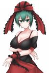  alternate_costume alternate_hair_length alternate_hairstyle bare_shoulders breast_hold breasts cleavage collarbone contemporary green_eyes green_hair hair_ribbon highres kagiyama_hina kuroba_rapid large_breasts looking_at_viewer md5_mismatch ribbon short_hair simple_background smile solo touhou upper_body white_background 