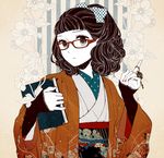  black_hair blue_eyes book bow commentary_request empty_eyes floral_background glasses hair_bow hair_ribbon hanaze haori japanese_clothes key kimono looking_at_viewer nail_polish obi original red-framed_eyewear ribbon sash sleeves_past_wrists solo striped striped_background wavy_hair 