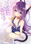  animal_ears blue_eyes blush breasts byulzzimon cat_ears cat_tail cleavage covered_navel knees_together_feet_apart long_hair looking_at_viewer medium_breasts one-piece_swimsuit original parted_lips purple_hair school_swimsuit scissors sitting solo swimsuit tail thighhighs torn_clothes torn_swimsuit water white_legwear 