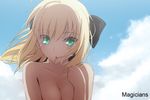  artist_name artoria_pendragon_(all) beach blonde_hair breasts cleavage cloud day fate/stay_night fate/unlimited_codes fate_(series) green_eyes looking_at_viewer magicians_(zhkahogigzkh) medium_breasts nude out-of-frame_censoring outdoors saber saber_lily short_hair sky solo upper_body 