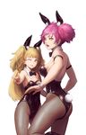  animal_ears arm_strap ass banajune black_legwear blonde_hair bow bowtie bright_pupils bunny_ears bunny_girl bunny_tail bunnysuit detached_collar fishnet_pantyhose fishnets highres idolmaster idolmaster_cinderella_girls jougasaki_mika jougasaki_rika long_hair looking_at_viewer multiple_girls pantyhose pink_hair revision siblings simple_background sisters tail twintails two_side_up unmoving_pattern v white_background wrist_cuffs yellow_eyes 