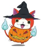  cat fangs fire flat_color full_body halloween haramaki hat jack-o'-lantern jibanyan multiple_tails no_humans notched_ear official_art open_mouth pumpkin solo tail tail-tip_fire transparent_background two_tails witch_hat youkai youkai_watch 