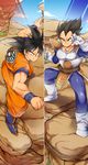  armor ayo_(isy8800) bad_id bad_pixiv_id black_eyes black_hair blue_footwear blue_sky boots day dougi dragon_ball dragon_ball_z fighting_stance gloves male_focus multiple_boys sky son_gokuu spiked_hair split_screen vegeta white_footwear white_gloves wristband 