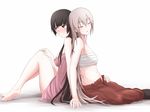  back-to-back bare_legs barefoot black_hair breasts closed_eyes collarbone feet fujiwara_no_mokou full_body hands_together holding_hands houraisan_kaguya kuroba_rapid long_hair looking_away md5_mismatch multiple_girls navel no_shirt open_mouth pants red_eyes red_pants sarashi simple_background sleeping small_breasts touhou very_long_hair white_background white_hair 