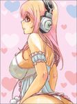  ass babydoll breasts headphones large_breasts long_hair looking_at_viewer looking_back nitroplus open_mouth panties pink_eyes pink_hair pom_pom_(clothes) see-through sideboob solo super_sonico underwear warai 