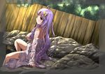  ahoge bare_shoulders blush breasts crescent crescent_hair_ornament excel_(shena) hair_ornament large_breasts long_hair nipples off_shoulder onsen patchouli_knowledge purple_eyes purple_hair rock sitting solo touhou wet 
