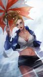  bespectacled blonde_hair blue_eyes breasts cleavage earrings forecast_janna glasses highres jacket janna_windforce jewelry large_breasts league_of_legends long_hair looking_to_the_side midriff miniskirt navel open_mouth oreki_genya pencil_skirt ponytail rain skirt solo umbrella underwear 
