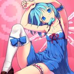  1girl adapted_costume alternate_costume arm_strap armpits arms_up blue_dress blue_eyes blue_hair cirno collarbone dress food food_in_mouth ice ice_wings kurobuta_gekkan leg_garter leg_ribbon looking_at_viewer mouth_hold pinstripe_pattern popsicle revision ribbon single_thighhigh sitting sleeveless sleeveless_dress solo spilling striped thighhighs touhou white_legwear wings 