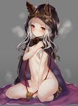  animal_ears between_legs blush cape covering covering_breasts covering_crotch ears_through_headwear flat_chest granblue_fantasy hair_censor hair_over_breasts hand_between_legs hood hood_up inayama long_hair looking_at_viewer naked_cape navel open_mouth orange_eyes sandals scathacha_(granblue_fantasy) seiza silver_hair sitting solo steaming_body 