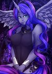  2015 anthro blue_eyes blue_skin clothed clothing cutie_mark equine feathered_wings feathers featureless_breasts female friendship_is_magic hair horn kirael-art long_hair looking_at_viewer mammal multicolored_hair my_little_pony navel princess_luna_(mlp) solo translucent transparent_clothing two_tone_hair winged_unicorn wings 